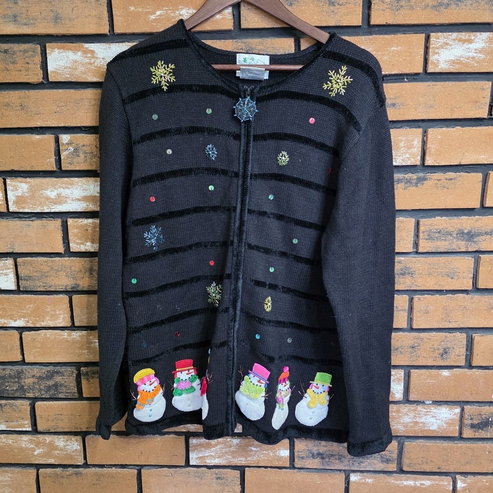 Quacker Factory Women's Christmas Winter Beaded Snowman Cardigan Sweater Large